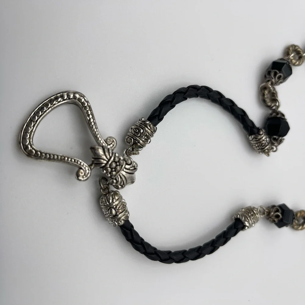 Boho Black Leather and Silver Toned Women's Necklace